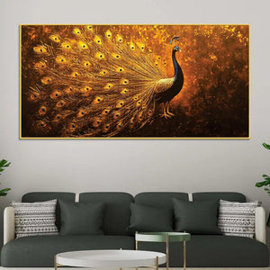 Radiant Golden Feather Peacock Artistic Canvas Wall Painting