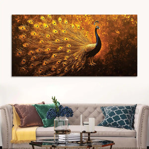 Radiant Golden Feather Peacock Artistic Canvas Wall Painting