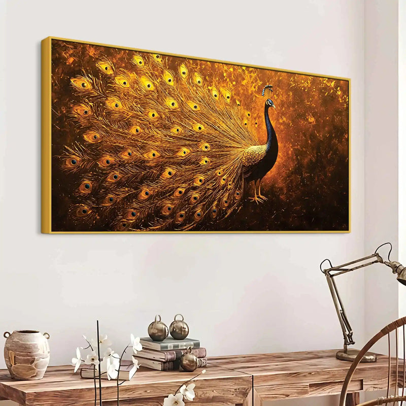 Radiant Golden Feather Peacock Artistic Canvas Wall Painting