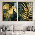 Radiant Golden Nature Leaves Modern Acrylic Floating Wall Painting Set of 2