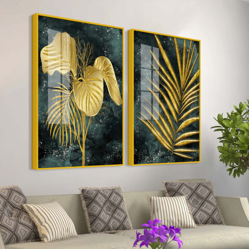 Radiant Golden Nature Leaves Modern Acrylic Floating Wall Painting Set of 2