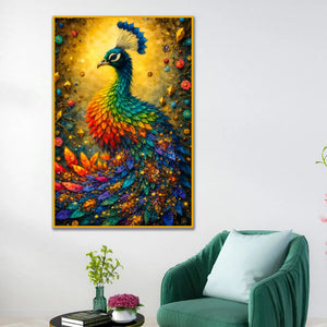 Radiant Peacock in Rainbow Hues Floating Frame Crystal Wall Painting