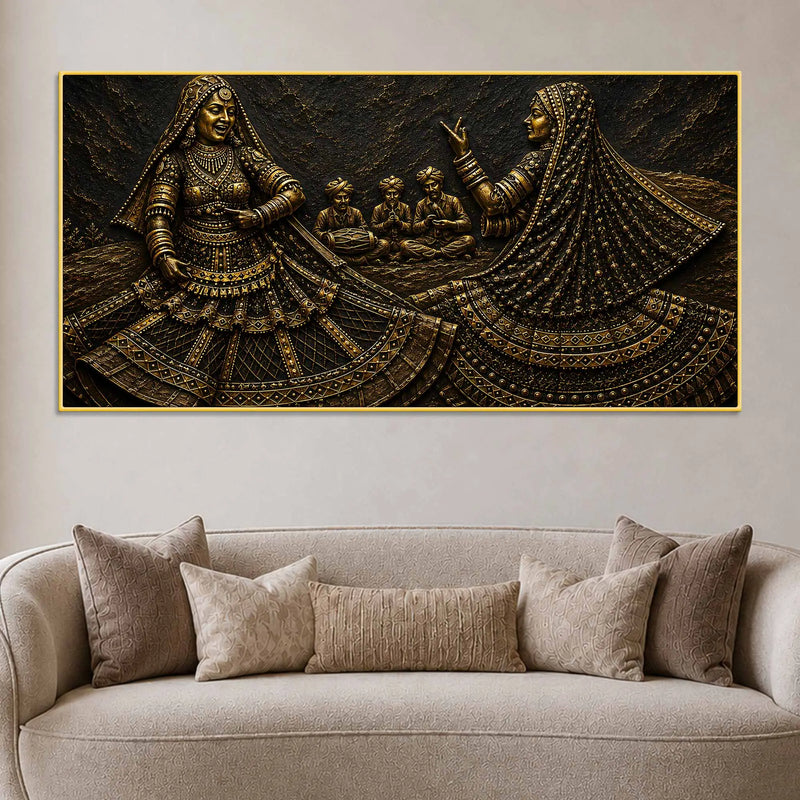 Rajasthani Ghoomar Dance Celebration Metallic Look 3D Canvas Wall Painting