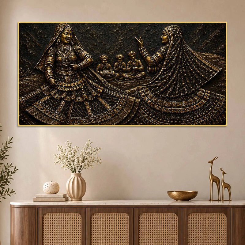 Rajasthani Ghoomar Dance Celebration Metallic Look 3D Canvas Wall Painting