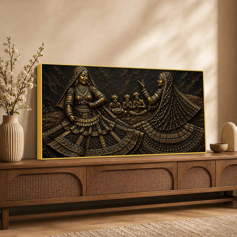 Rajasthani Ghoomar Dance Celebration Metallic Look 3D Canvas Wall Painting
