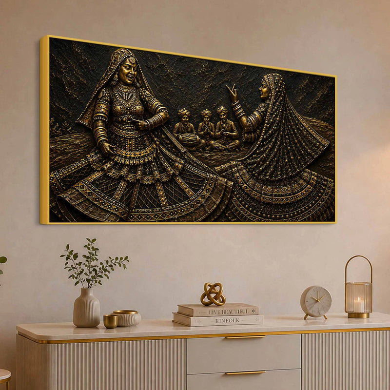 Rajasthani Ghoomar Dance Celebration Metallic Look 3D Canvas Wall Painting