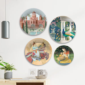 Rajasthani Mahararaj Premium Wall Plates Painting Set of Four