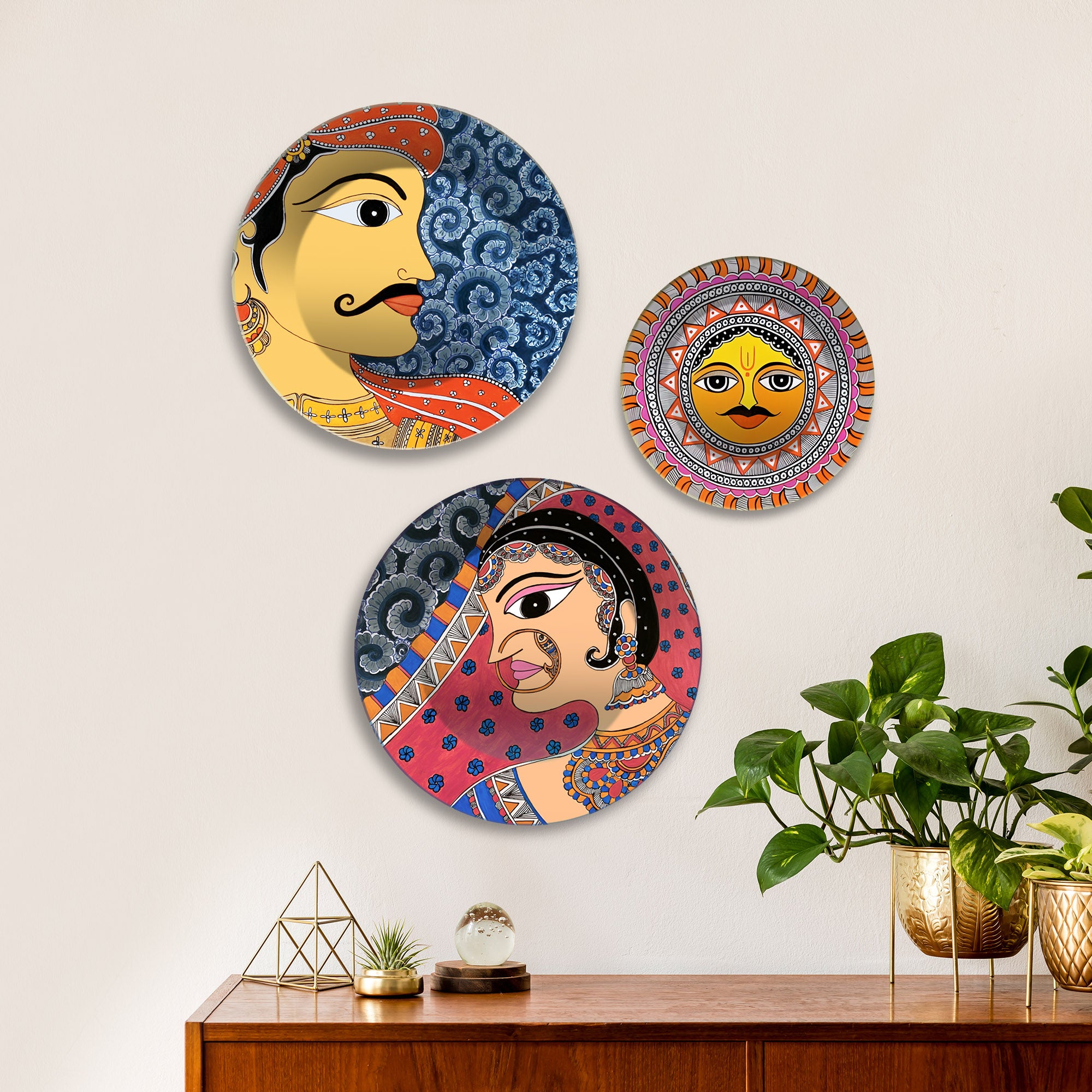 Rajasthani Man Woman & Surya Premium Wall Plates Painting Set of 3