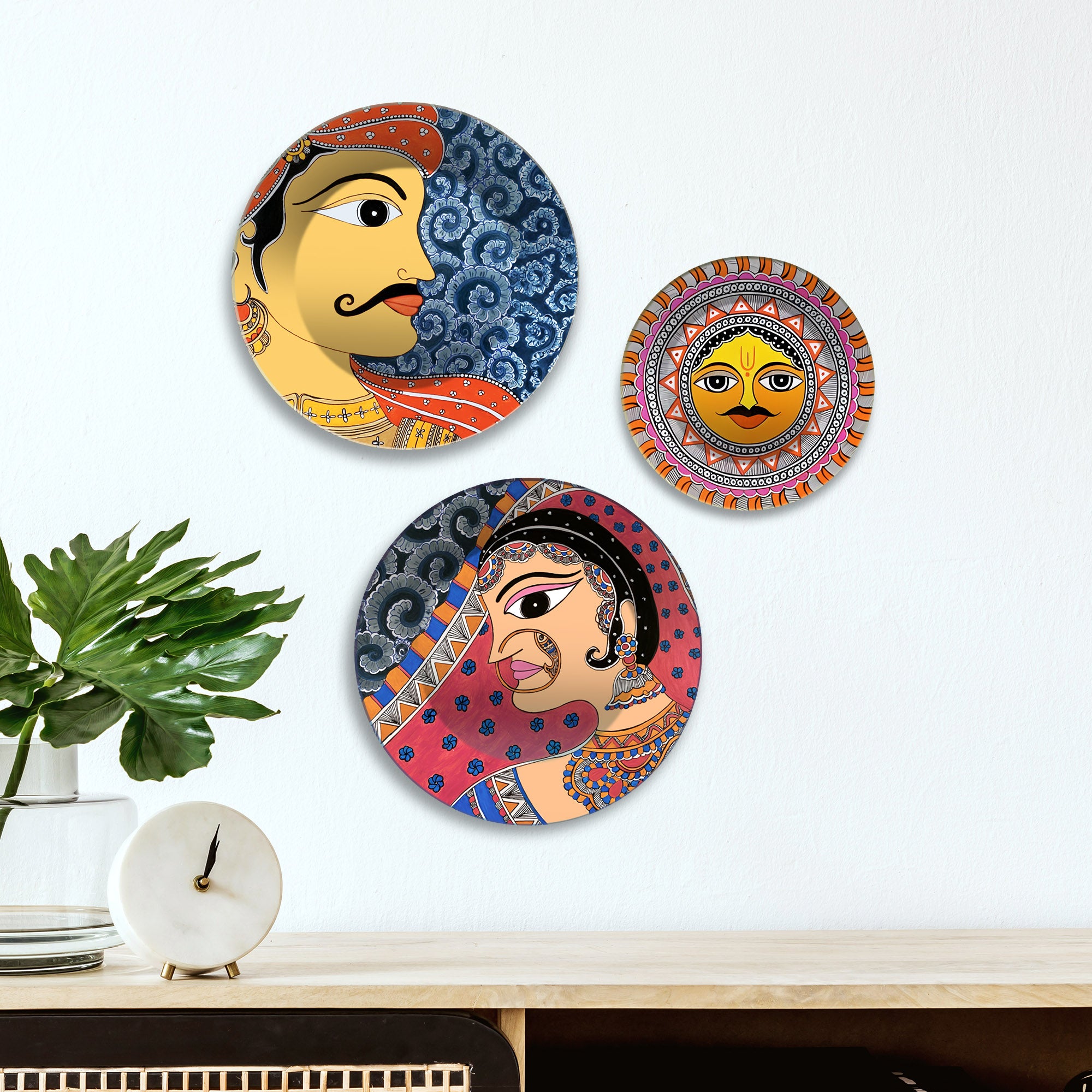 Rajasthani Man Woman & Surya Premium Wall Plates Painting Set of 3