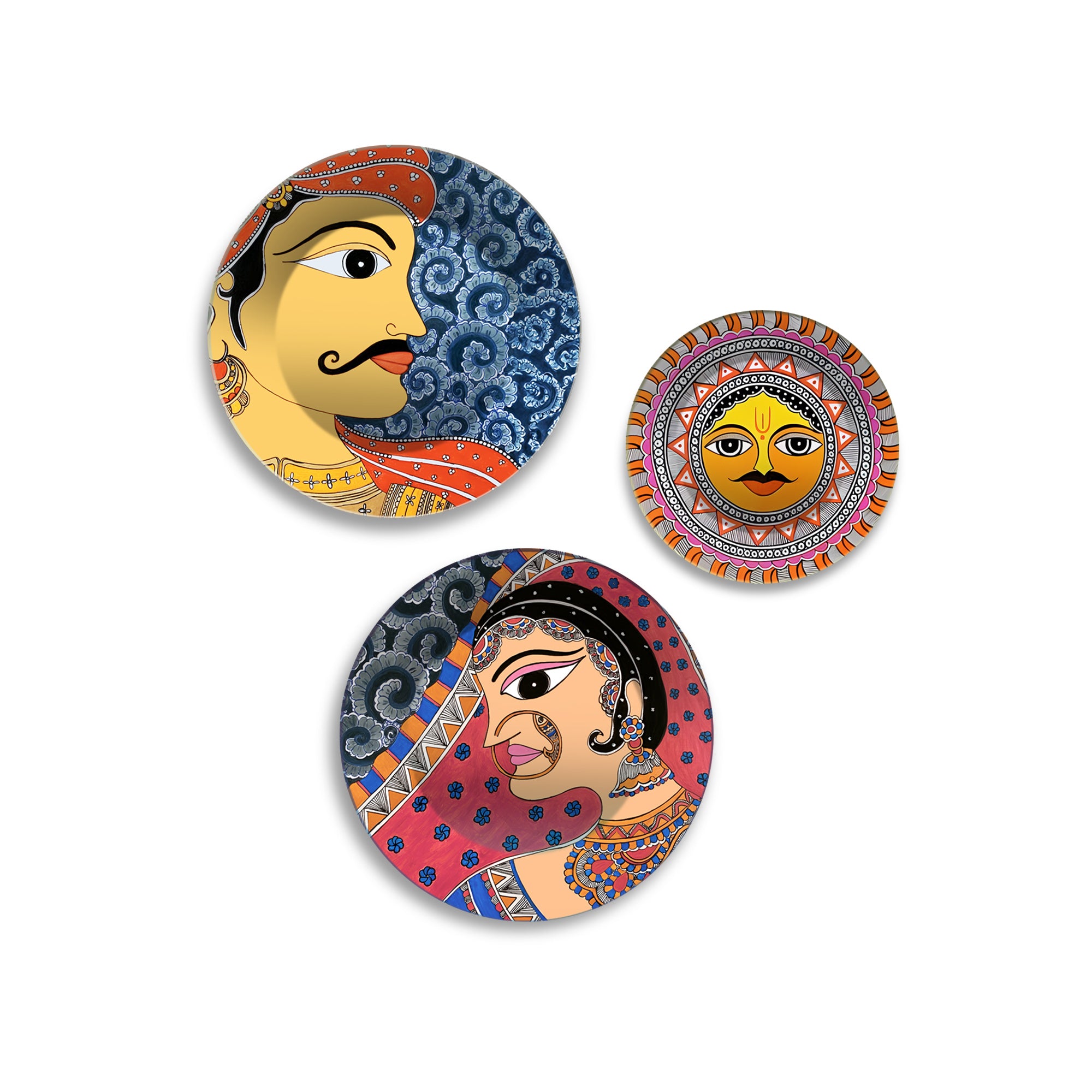 Rajasthani Man Woman & Surya Premium Wall Plates Painting Set of 3