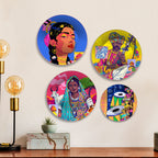 Rajasthani Vibes Pop Folk Art Premium Wall Plates Painting Set of Four