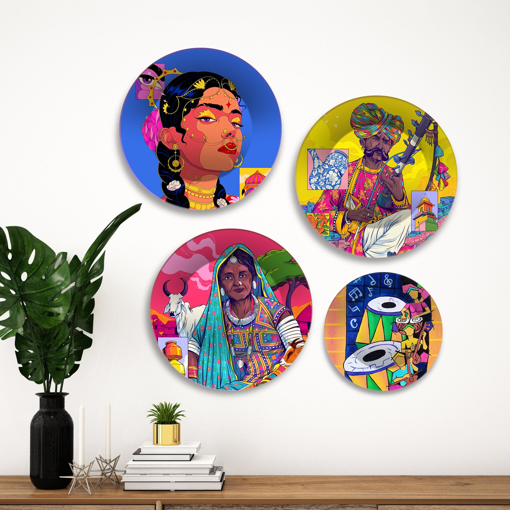 Rajasthani Vibes Pop Folk Art Premium Wall Plates Painting Set of Four