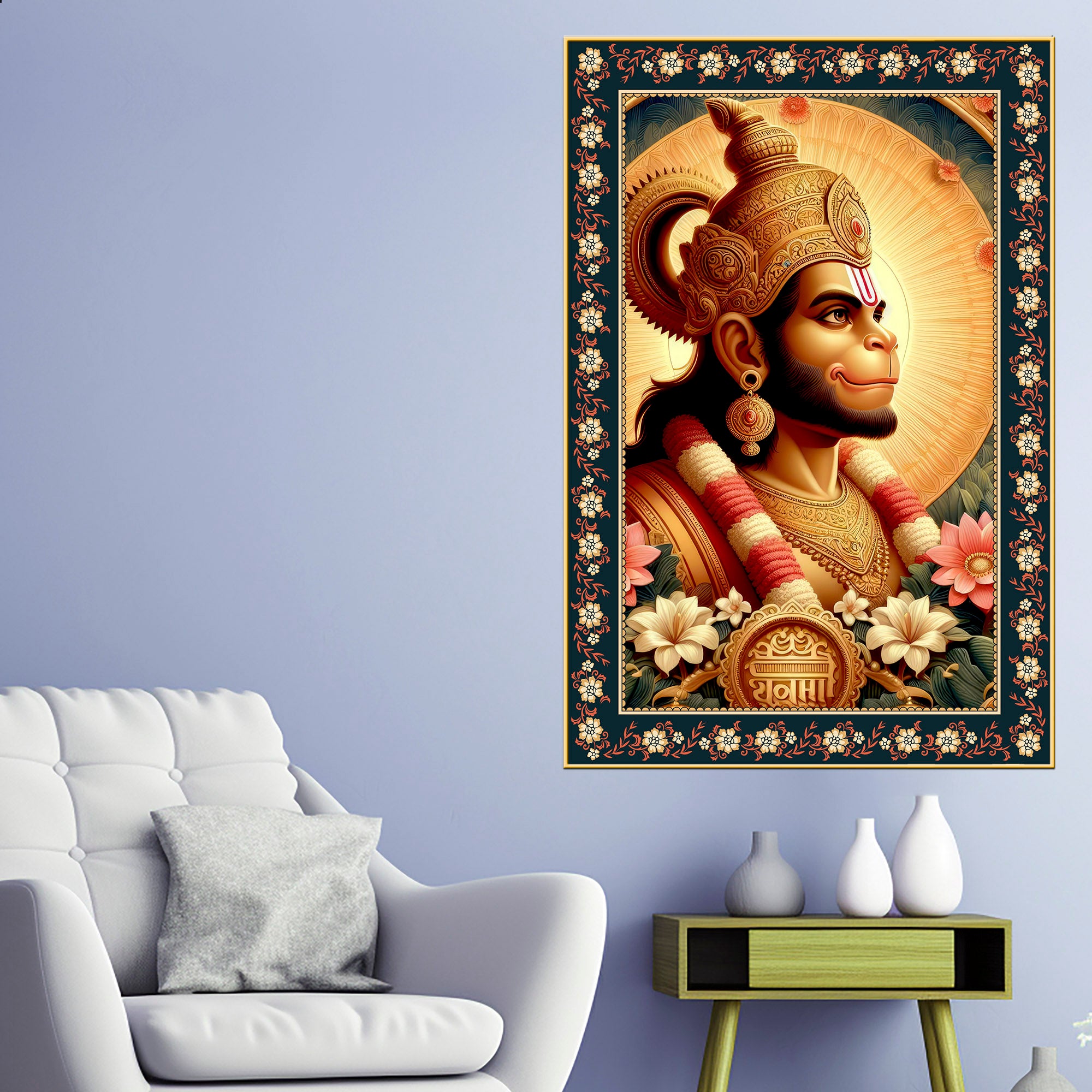 Rama Doota Hanuman Floral Border Vertical Wall Painting