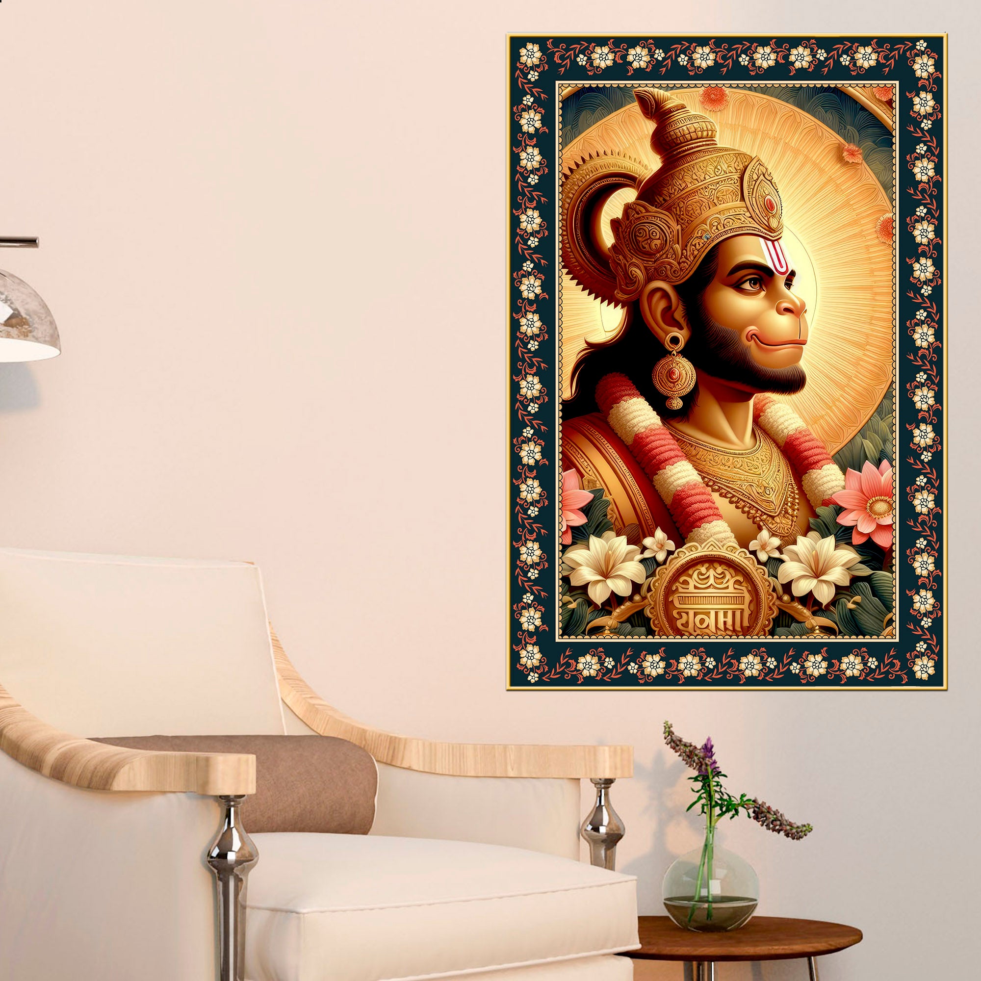 Rama Doota Hanuman Floral Border Vertical Wall Painting