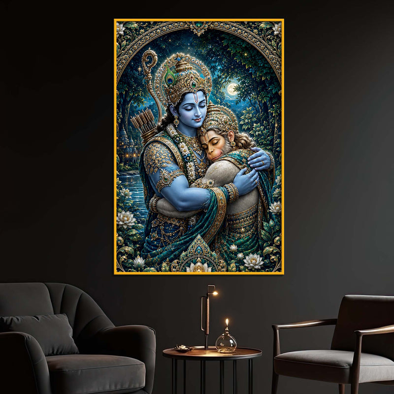 Rama Hanuman Embrace Floating Frame Crystal Wall Painting