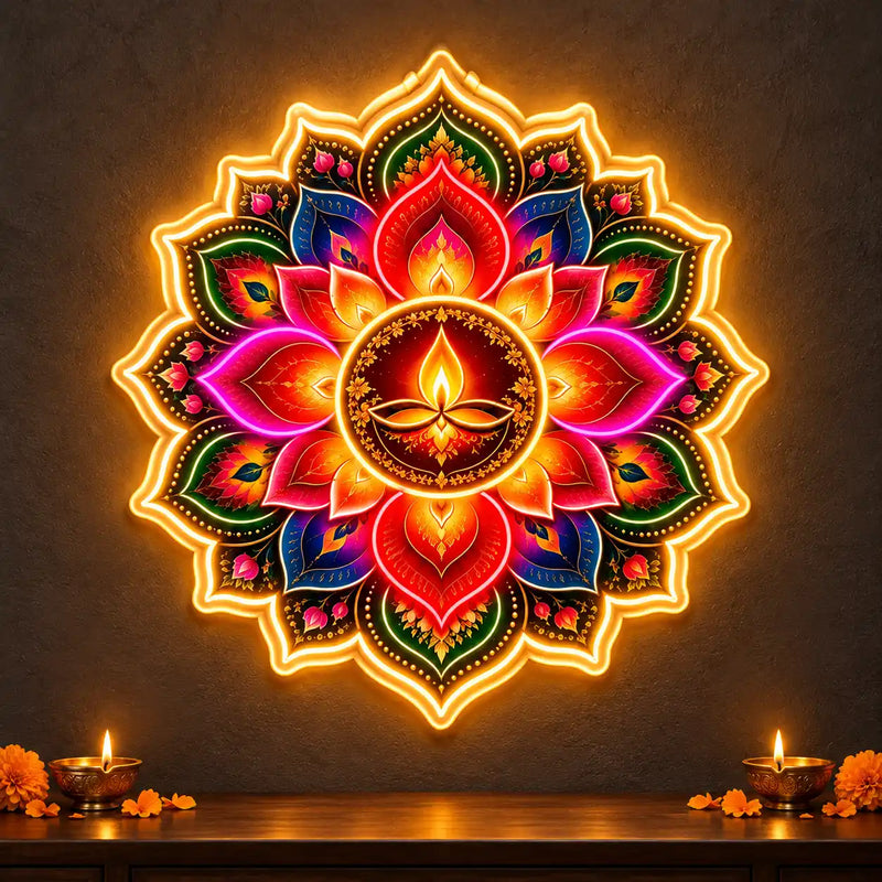 Rangoli Style Diya Neon Light for for Home, Office & Shop Decoration