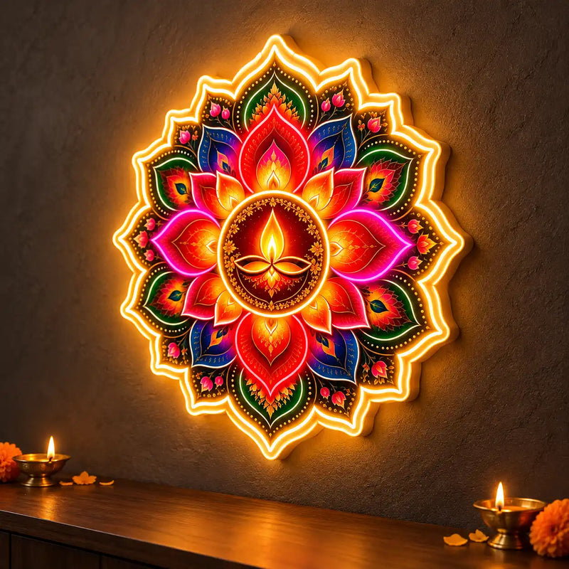 Rangoli Style Diya Neon Light for for Home, Office & Shop Decoration