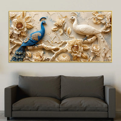 Ravishing Pair of Royal Blue and White Peacock Floral 3D Canvas Wall Painting