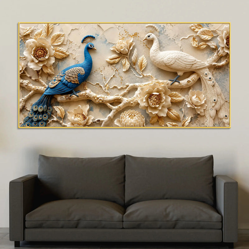 Ravishing Pair of Royal Blue and White Peacock Floral 3D Canvas Wall Painting