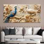 Ravishing Pair of Royal Blue and White Peacock Floral 3D Canvas Wall Painting