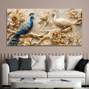 Ravishing Pair of Royal Blue and White Peacock Floral 3D Canvas Wall Painting