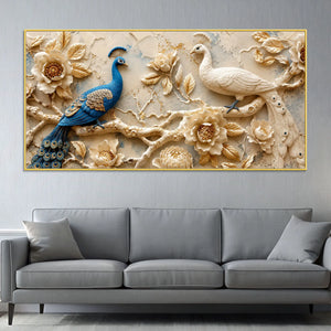 Ravishing Pair of Royal Blue and White Peacock Floral 3D Canvas Wall Painting