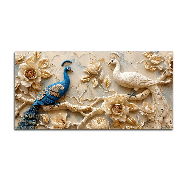 Ravishing Pair of Royal Blue and White Peacock Floral 3D Canvas Wall Painting