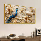Ravishing Pair of Royal Blue and White Peacock Floral 3D Canvas Wall Painting