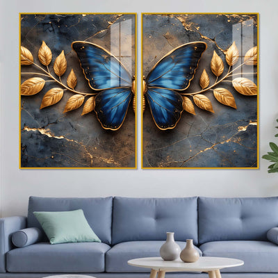 Ravishing Royal Blue Butterfly Acrylic Floating Wall Painting Set of 2