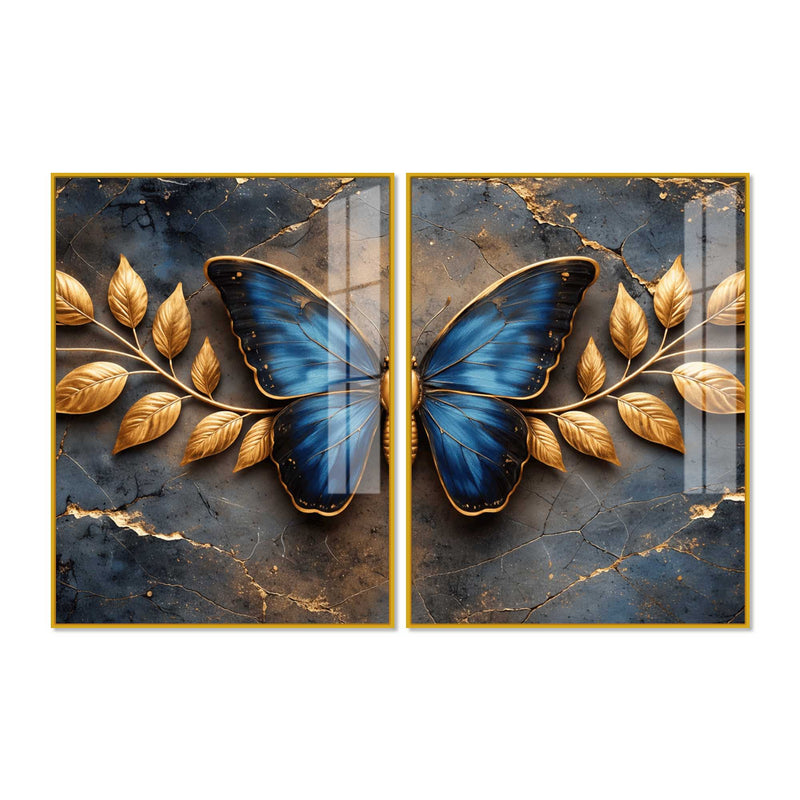 Ravishing Royal Blue Butterfly Acrylic Floating Wall Painting Set of 2