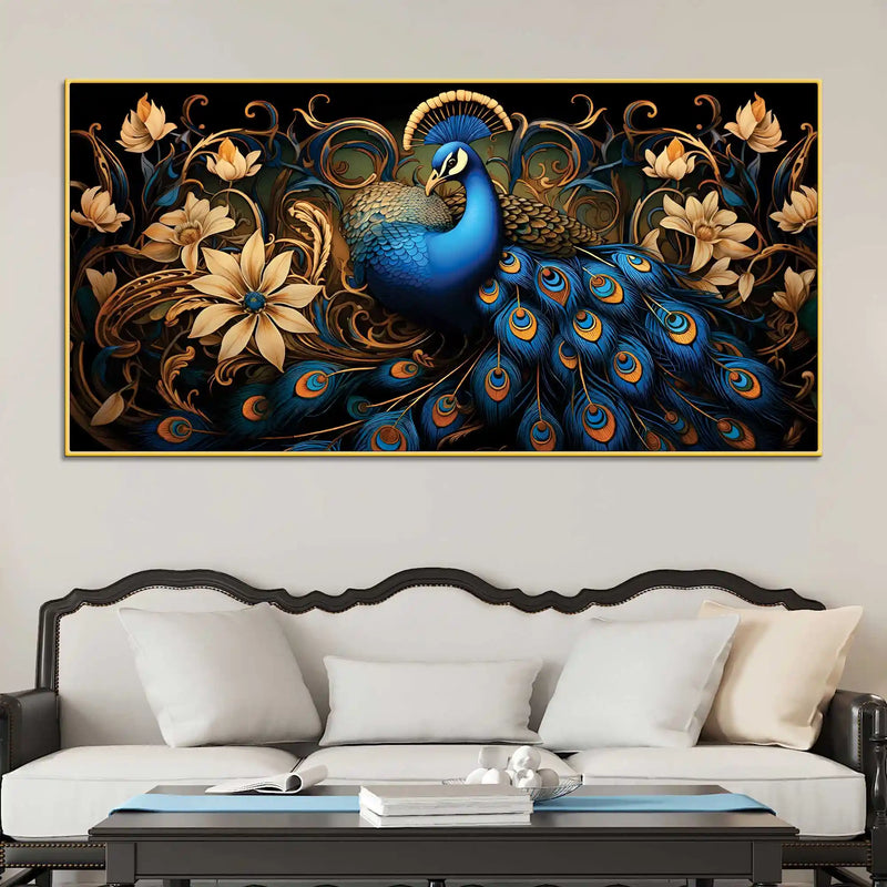 Ravishing Royal Blue Peacock Floral Wall Art Canvas Painting for Home & Office