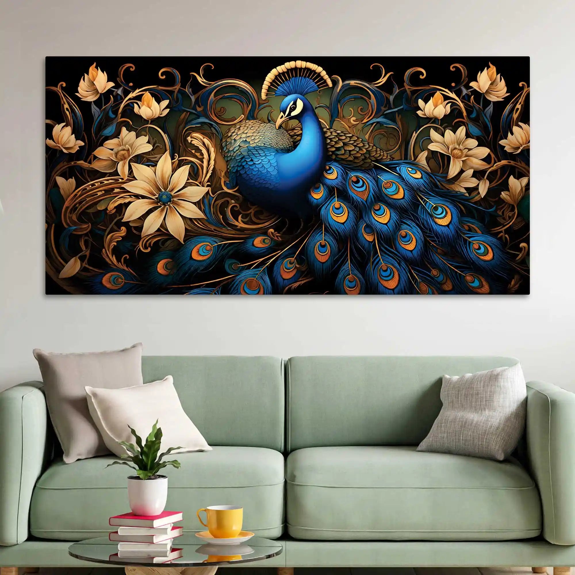 Ravishing Royal Blue Peacock Floral Wall Art Canvas Painting for Home & Office