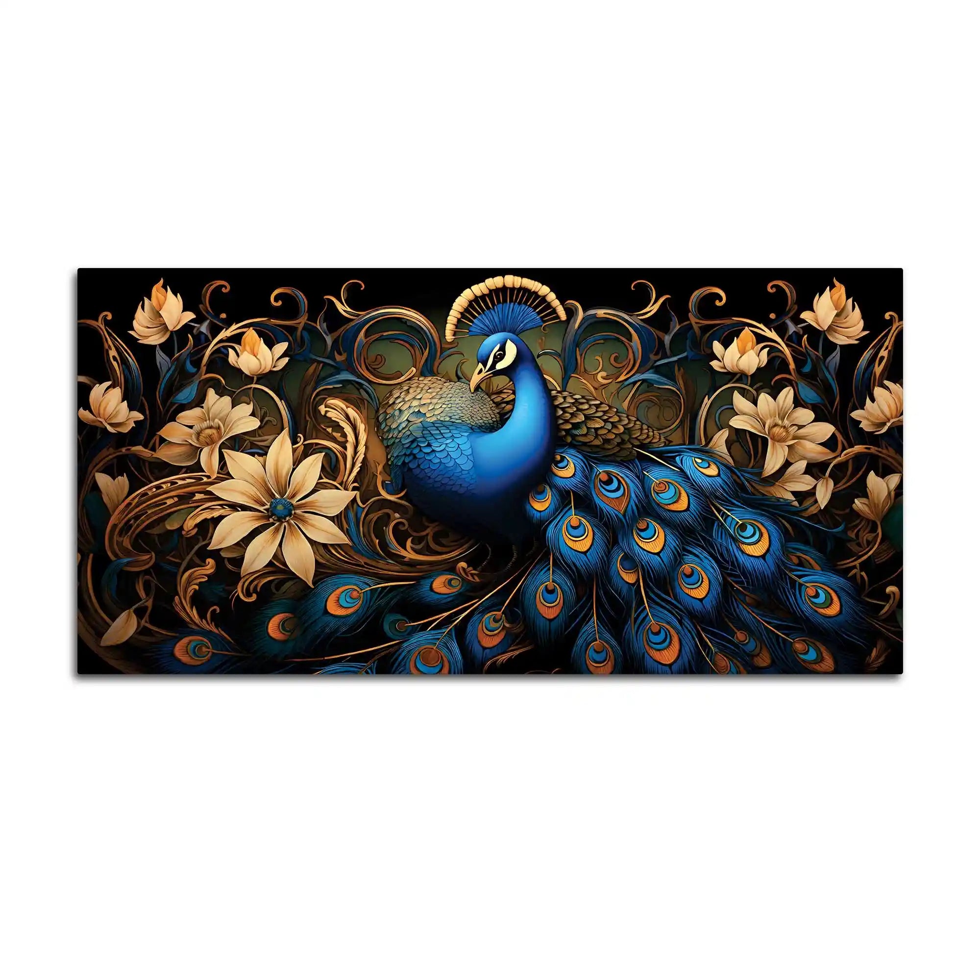 Ravishing Royal Blue Peacock Floral Wall Art Canvas Painting for Home & Office