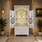 Ravishing White Finish Wooden Floor Temple with Om LED Back Panel & Spacious Storage Cabinet for Home & Office