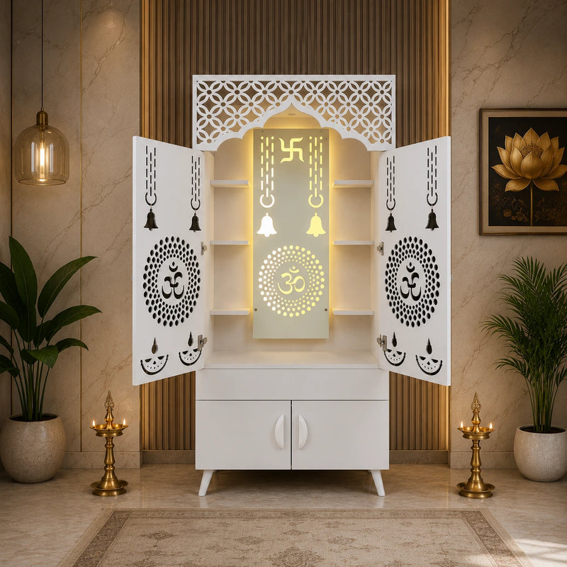 Ravishing White Finish Wooden Floor Temple with Om LED Back Panel & Spacious Storage Cabinet for Home & Office