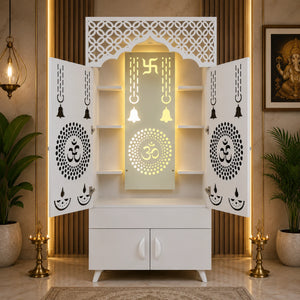 Ravishing White Finish Wooden Floor Temple with Om LED Back Panel & Spacious Storage Cabinet for Home & Office