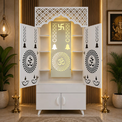 Ravishing White Finish Wooden Floor Temple with Om LED Back Panel & Spacious Storage Cabinet for Home & Office