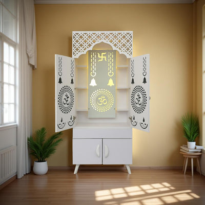 Ravishing White Finish Wooden Floor Temple with Om LED Back Panel & Spacious Storage Cabinet for Home & Office
