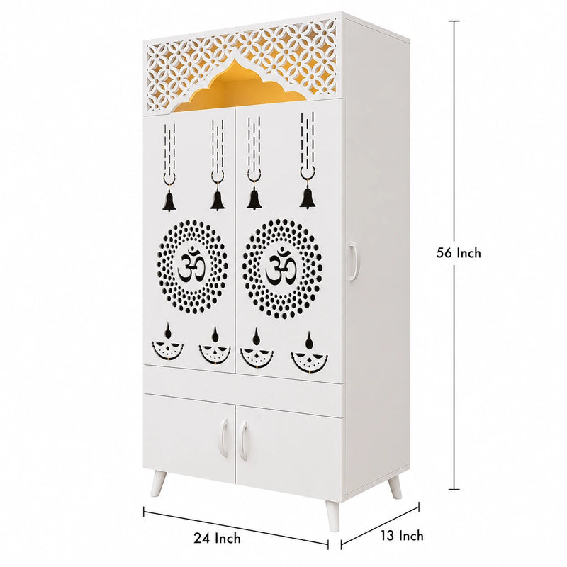 Ravishing White Finish Wooden Floor Temple with Om LED Back Panel & Spacious Storage Cabinet for Home & Office