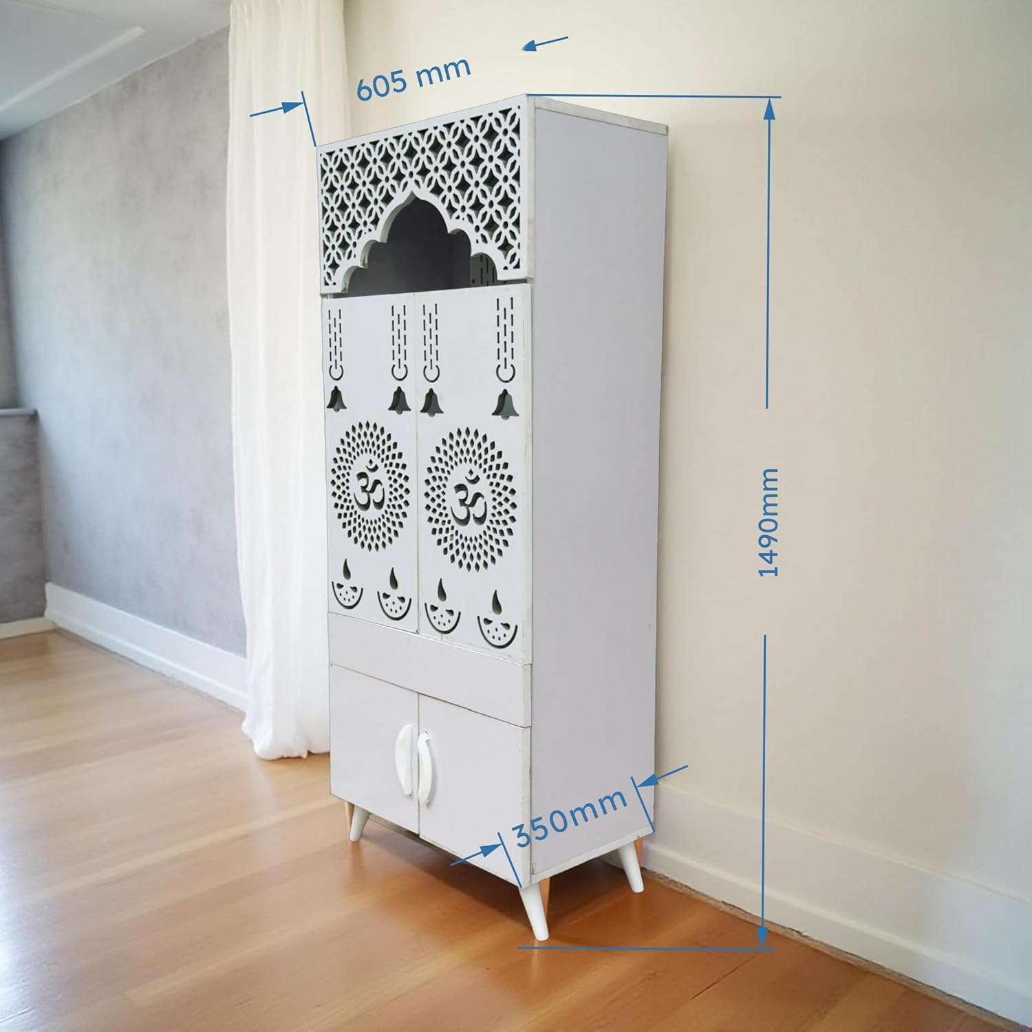 Ravishing White Finish Wooden Floor Temple with Om LED Back Panel & Spacious Storage Cabinet for Home & Office