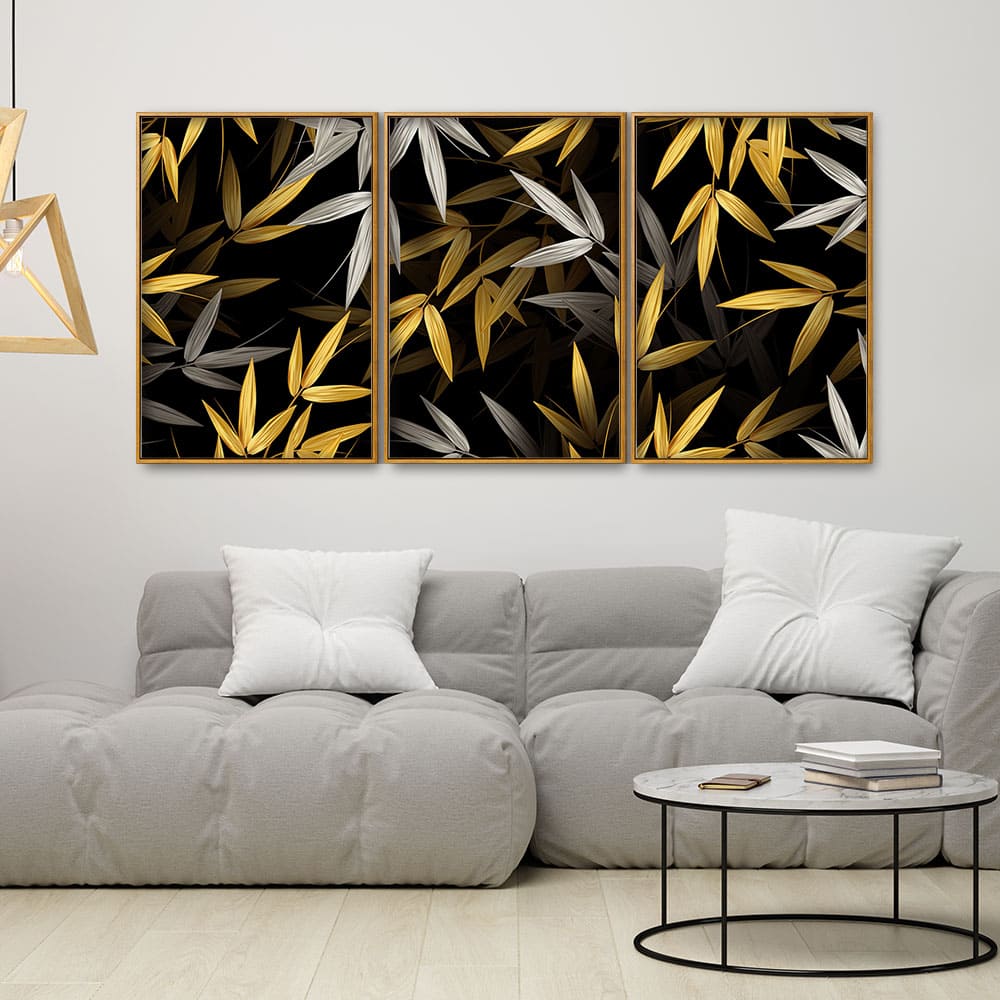 Realistic Golden Bamboo Leaves Canvas Floating Canvas Wall Painting Set of Three