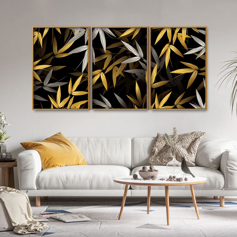 Realistic Golden Bamboo Leaves Canvas Floating Canvas Wall Painting Set of Three
