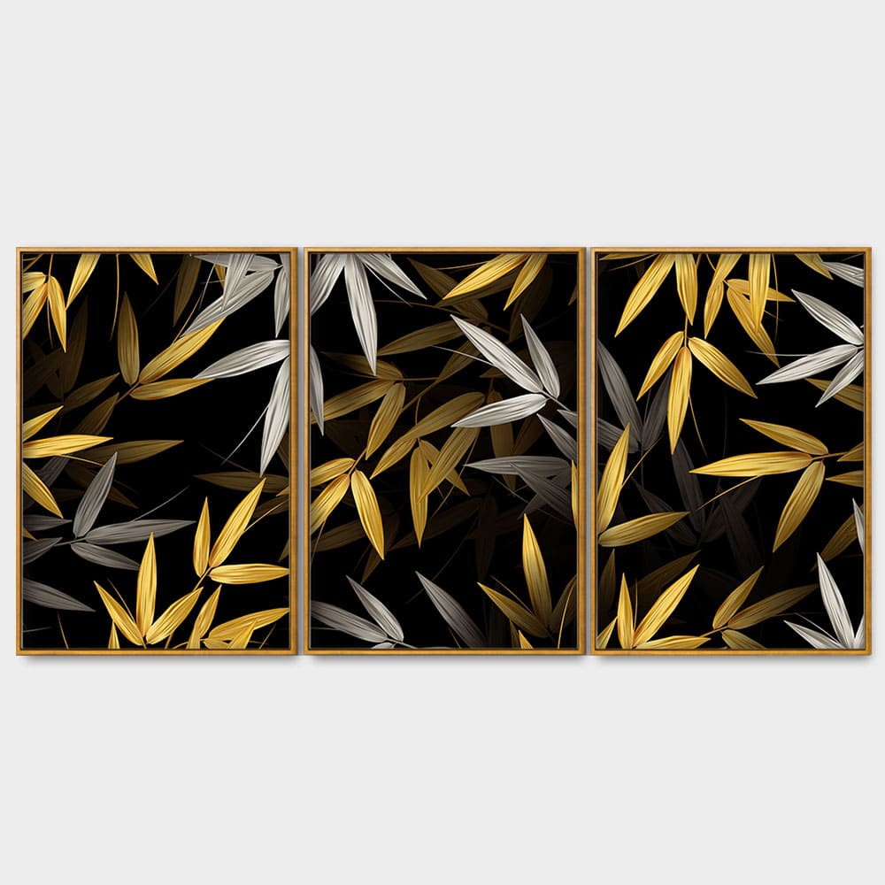 Realistic Golden Bamboo Leaves Canvas Floating Canvas Wall Painting Set of Three