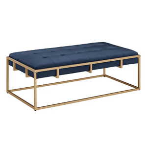 Rectangular Shaped Blue Velvet Ottoman with Golden Metal Finish