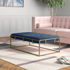 Rectangular Shaped Blue Velvet Ottoman with Golden Metal Finish