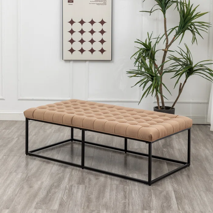 Rectangular Shaped Brown Color Velvet Ottoman with Golden Metal Finish