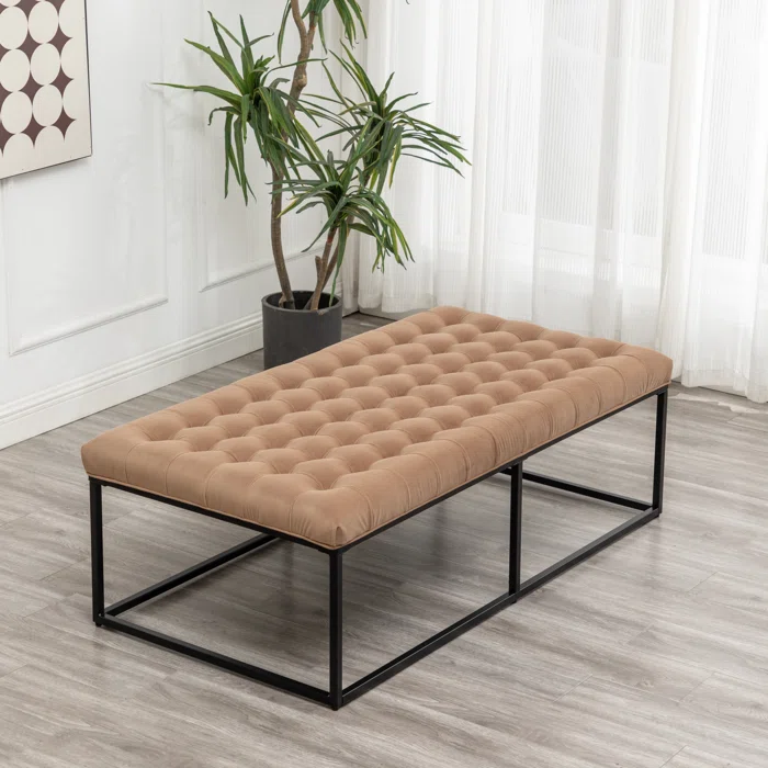 Rectangular Shaped Brown Color Velvet Ottoman with Golden Metal Finish