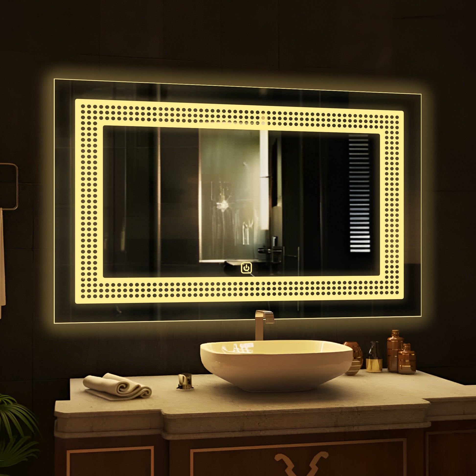 Rectangular Shaped Decorative Pattern LED Bathroom Wall Mirror