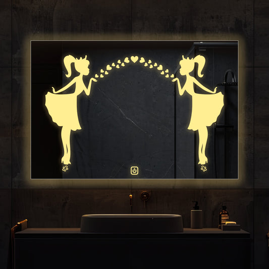 Rectangular Shaped Fairy Girl Design LED Bathroom Wall Mirror