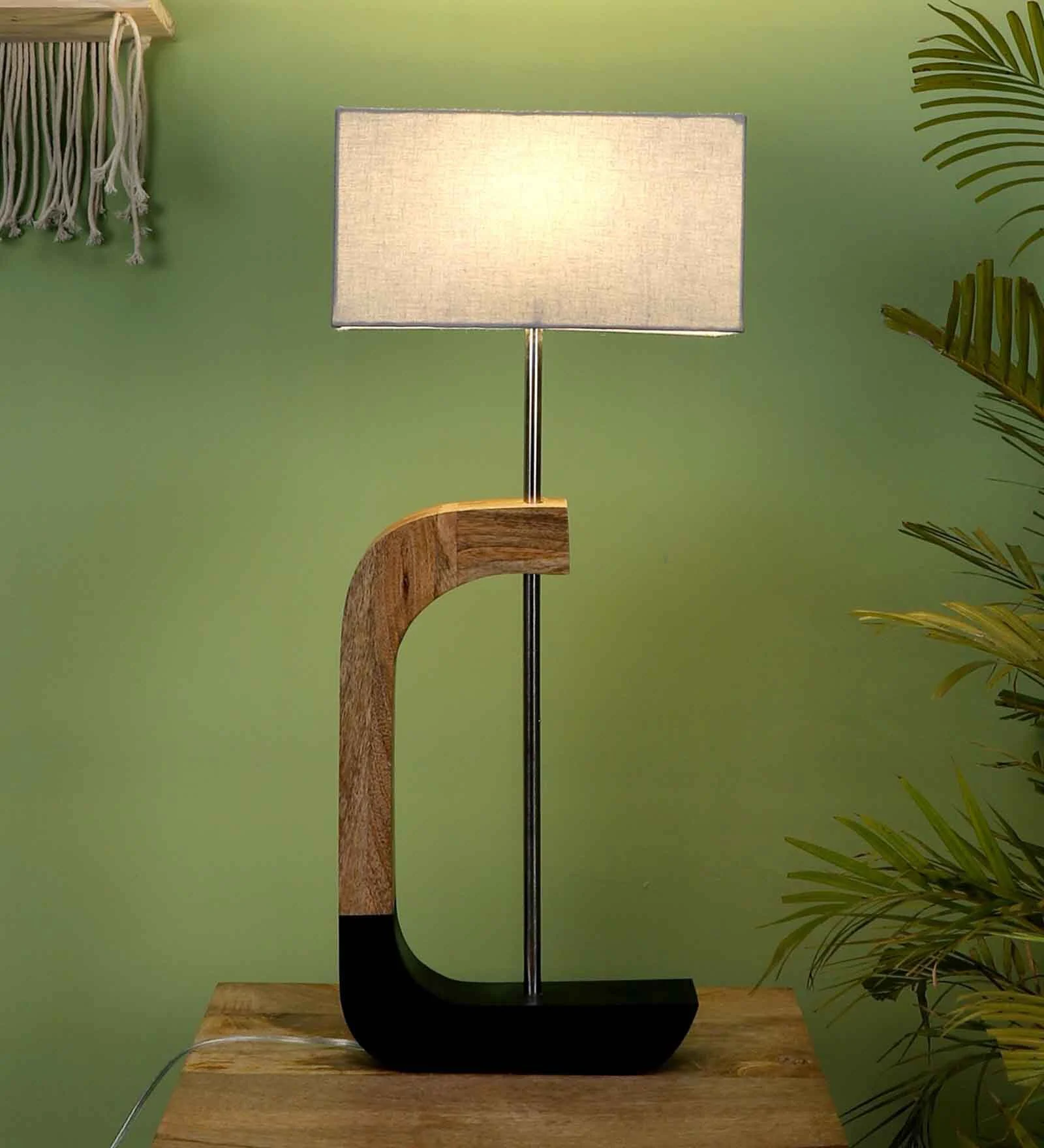 Rectangular Shaped Grey Fabric Shade Table Lamp with Brown & Black Base